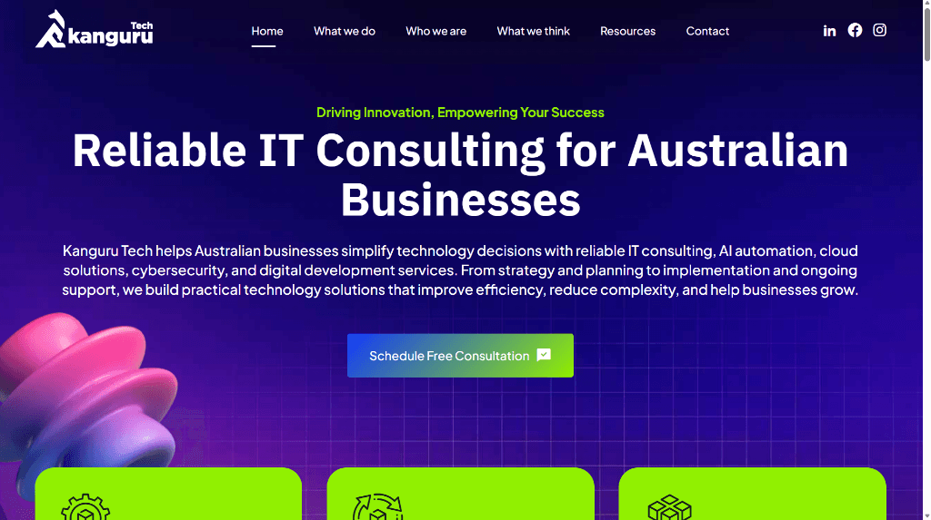 Kanguru Tech IT infrastructure, cloud engineering, and cybersecurity services website homepage design