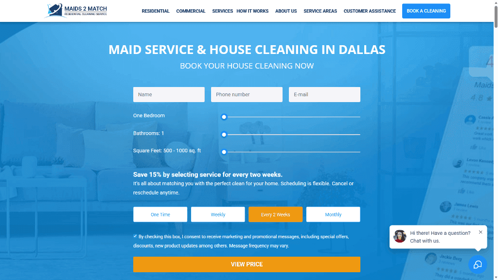 Maids2Match Dallas residential cleaning service booking system and instant pricing calculator design