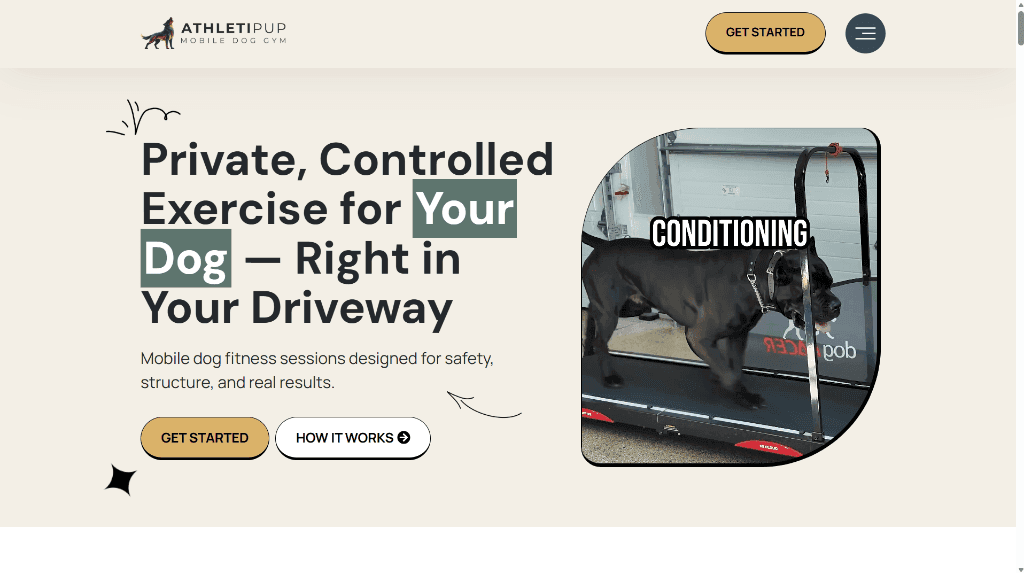 AthletiPup mobile dog fitness homepage design with custom SVG animations converted from Figma to WordPress