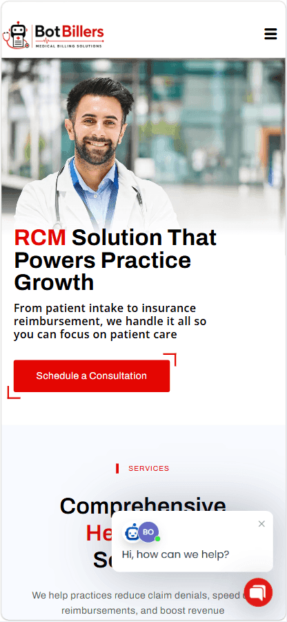 BotBillers mobile healthcare billing services overview and consultation booking form