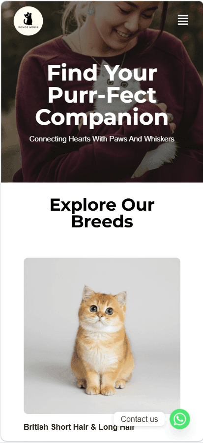 Domoz House mobile responsive breed showcase and WhatsApp adoption inquiry screen