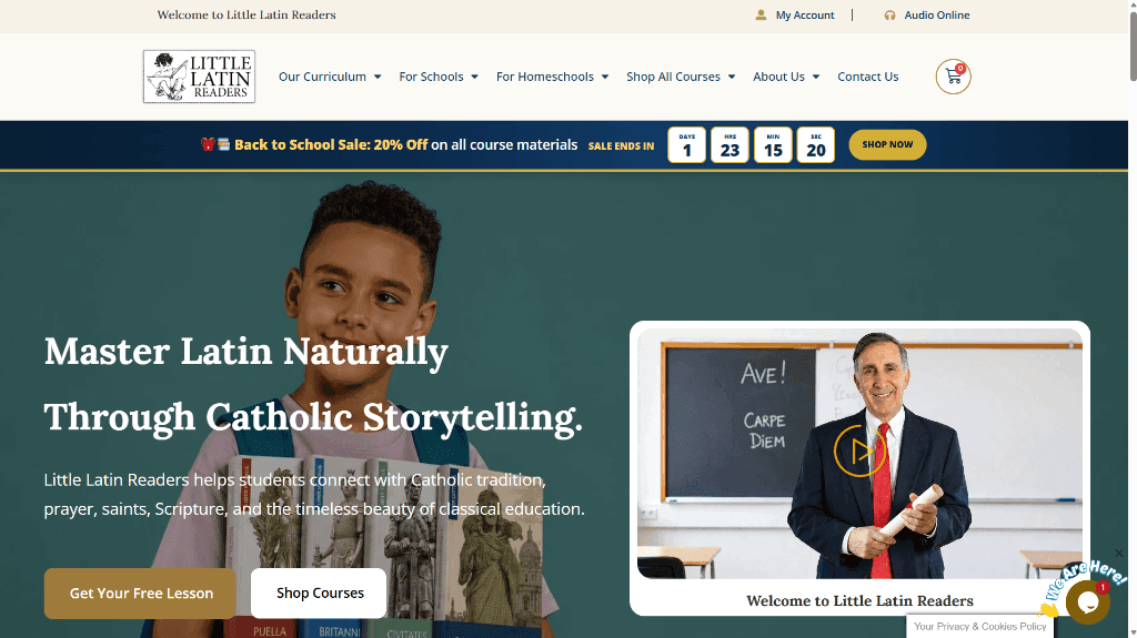 WooCommerce children's bookstore homepage design for Little Latin Readers with Latin language books and curriculum subscriptions