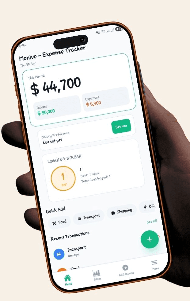 Monivo mobile budgeting dashboard showing expense categories, multi-currency charts, and financial analytics